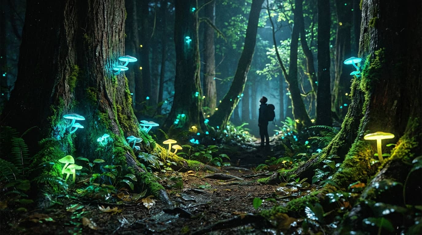 A glowing bioluminescent forest with soft blue and purple light