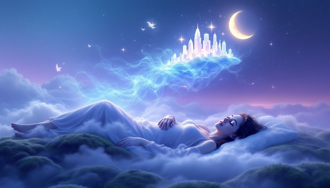 A fantasy scene of a woman dreaming dreams she wants to remember