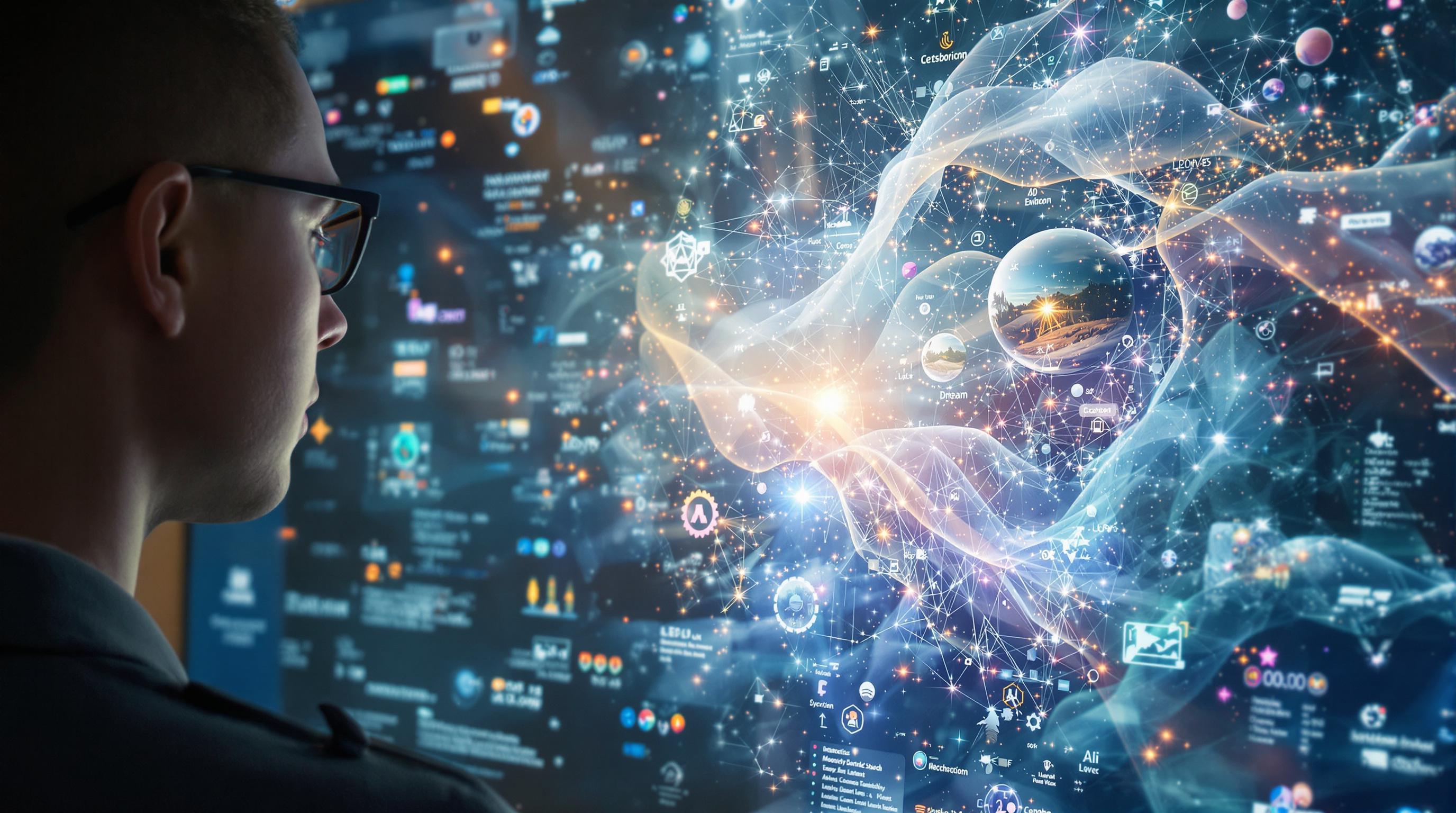 A man interacting with an imaginary dream user interface in order to generate dream photography