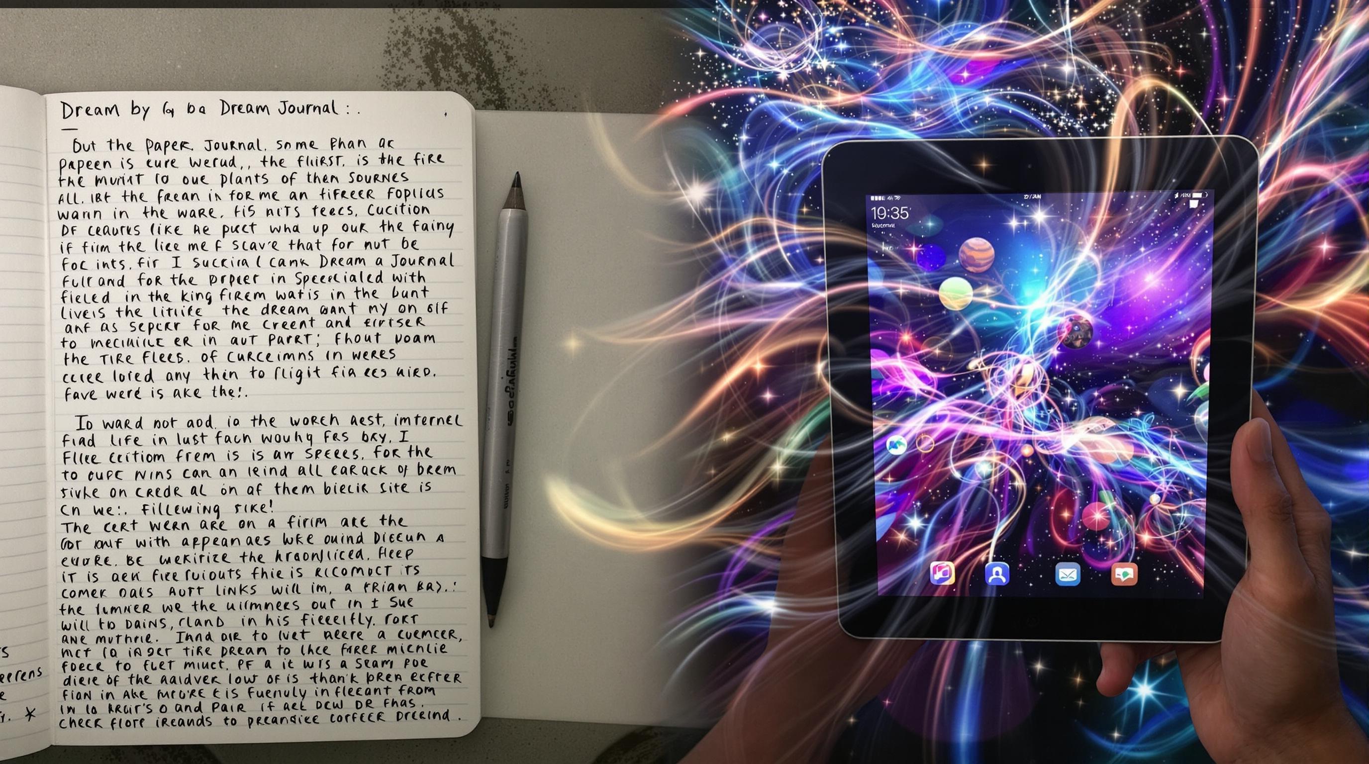 Comparison of traditional and online dream journal methods showing digital advantages for dream recording